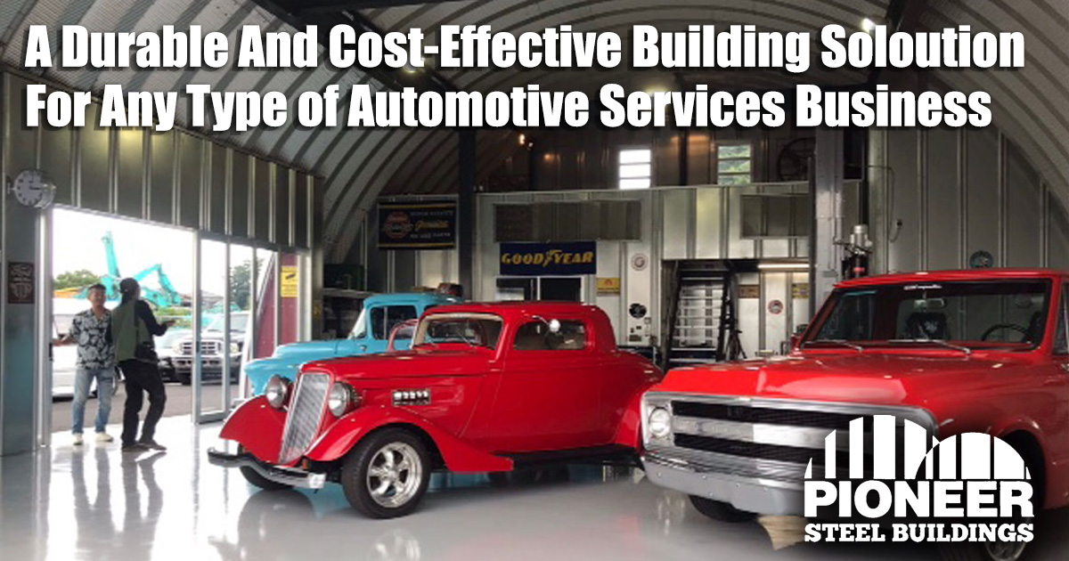 Classic cars on display inside a Pioneer Steel building
